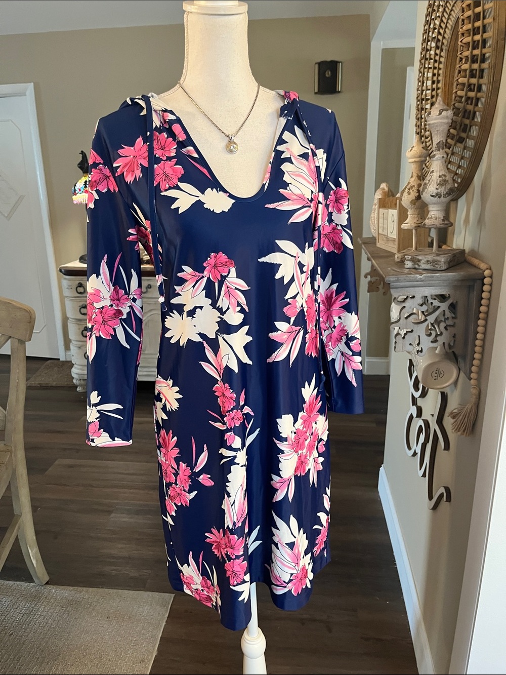 Nautica Navy Floral Hooded Swim Coverup with Pink & Cream Blooms - Picture 2 of 6